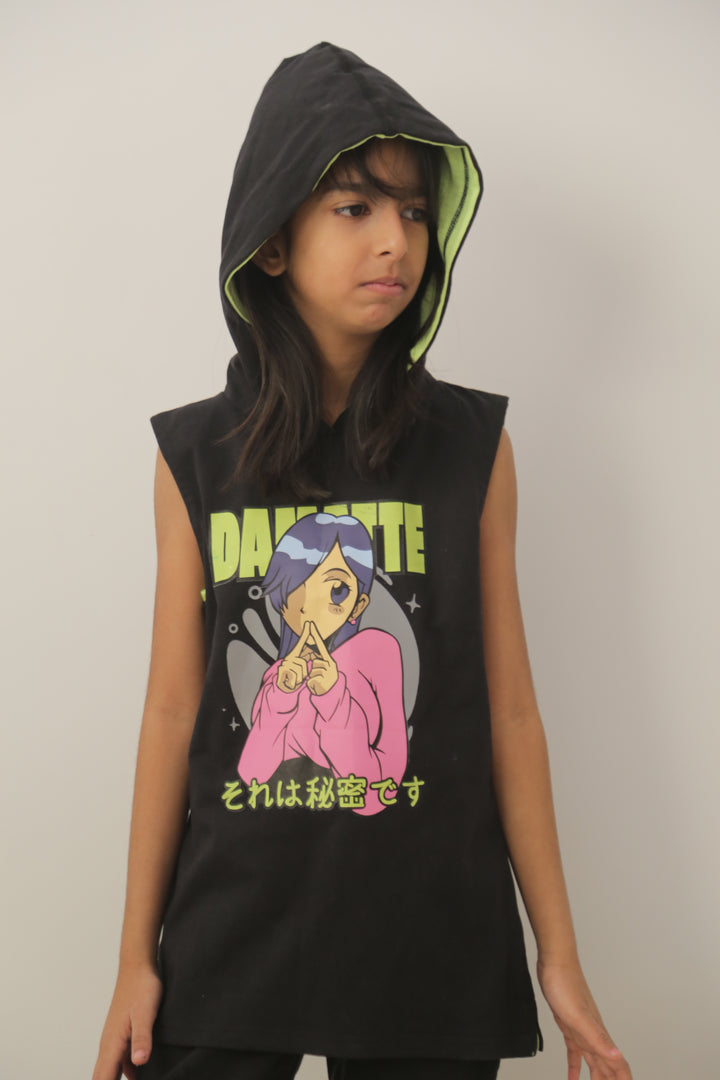 Sleeveless Hoodie For Girls - Black